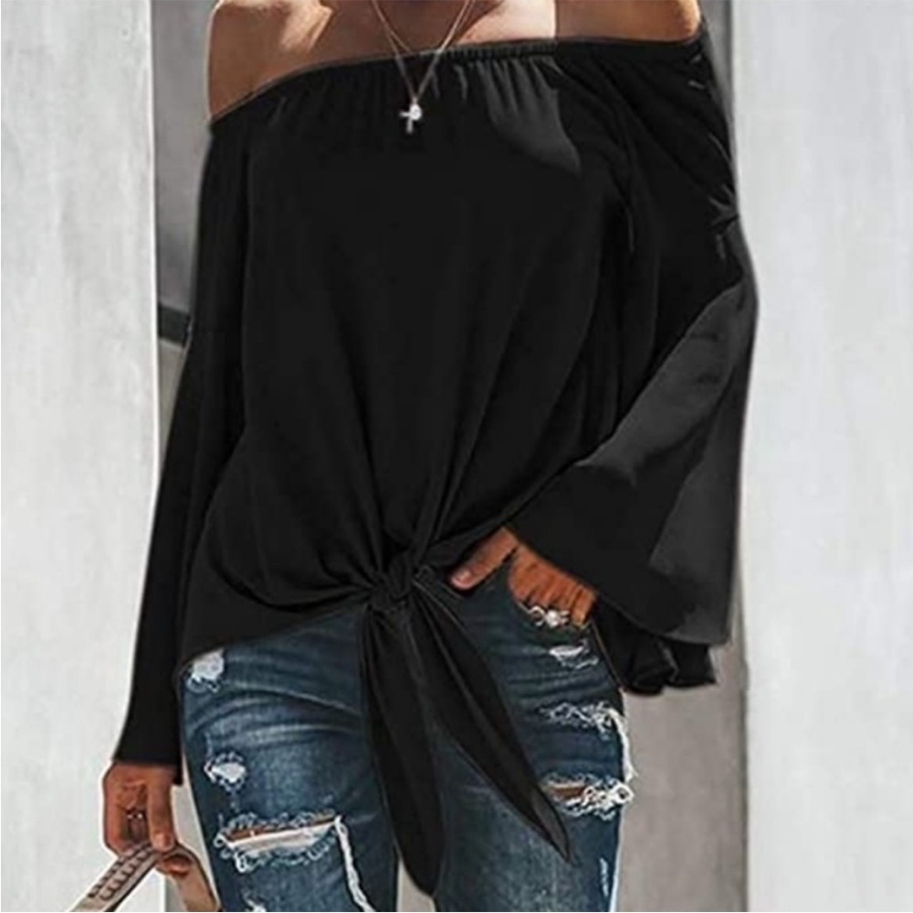 Lucky Mare Women's Black Off The Shoulder Front Tie Blouse Size 2X